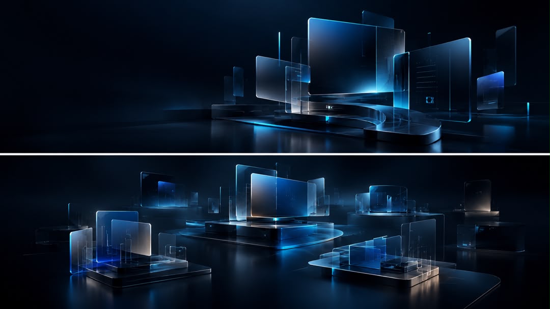 Structures numériques de verre sombre, rassemblées en un même univers bleu nuit et cyan.